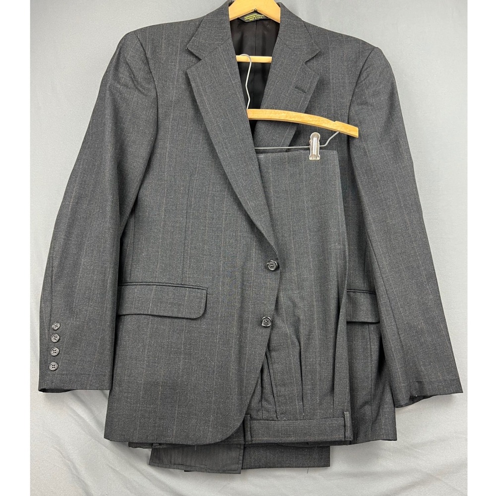 Deansgate Tailors Row Suit Mens 42 34x32 Worsted Wool Pinstripe Grey USA Good